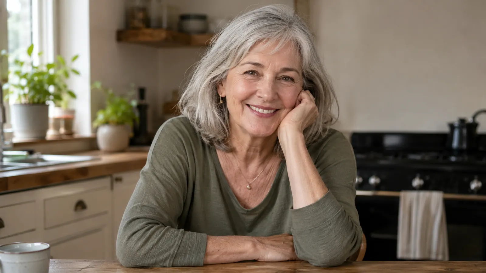 Woman in her sixties smiling by a sunny kitchen window, skin looking calm and even, no visible irritation