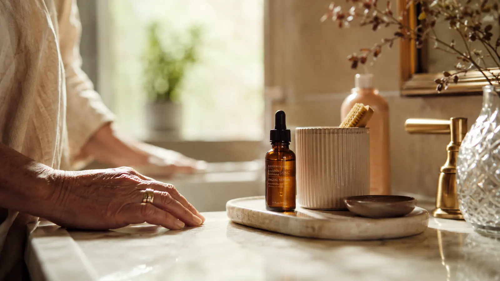A small dropper bottle of bakuchiol serum sitting on a linen bathroom counter beside a folded washcloth, soft morning light