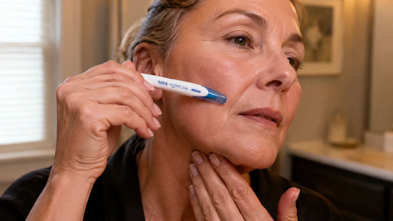 Hand holding a dermaplaning tool at a slight angle against a cheek