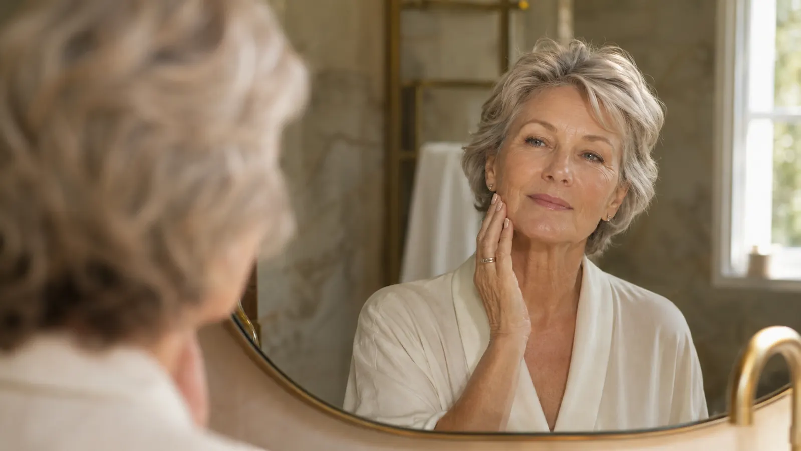 Woman in her sixties smiling at her reflection with smooth, glowing skin