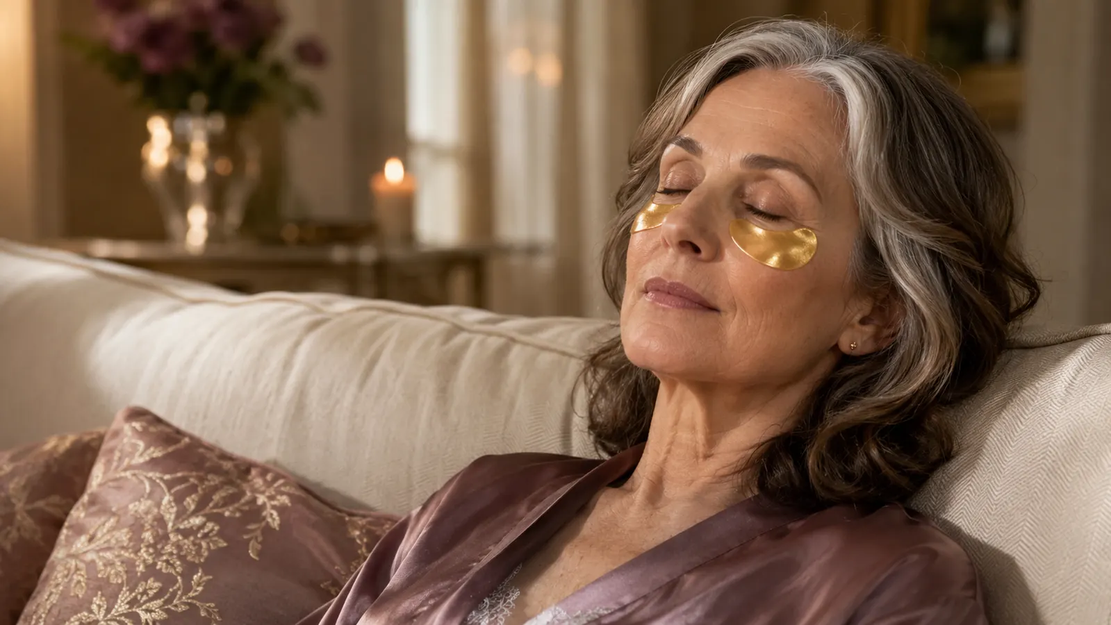 Woman in her sixties relaxing on the couch with gold under-eye patches on, soft morning light