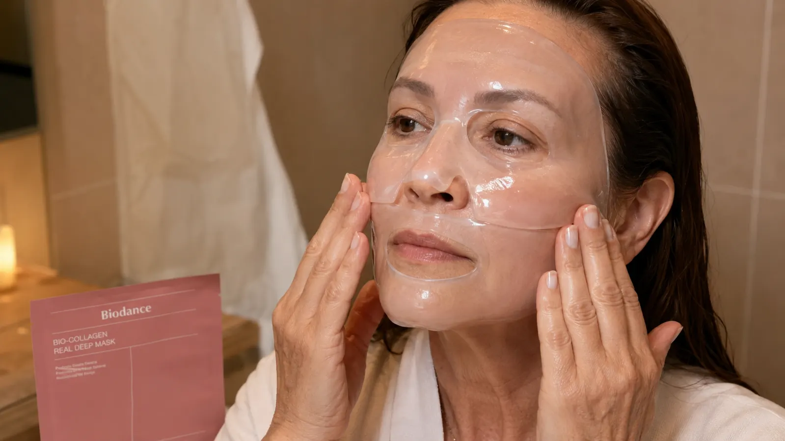 Hand pressing a clear hydrogel mask onto clean skin before bed