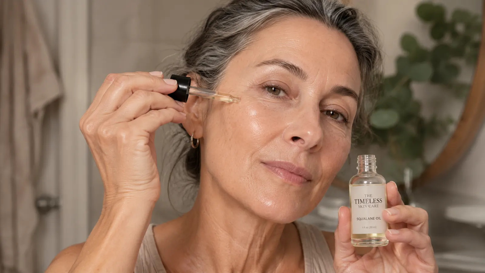 Hand pressing a dropper of facial oil onto clean skin