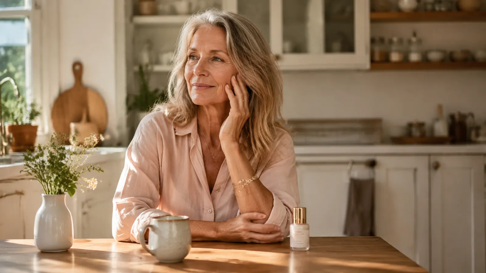 Woman applying moisturizer at her kitchen table with coffee and skincare bottle nearby