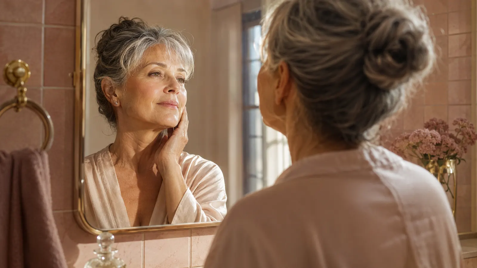 Woman in her sixties with soft, dewy skin looking at her reflection in warm morning light