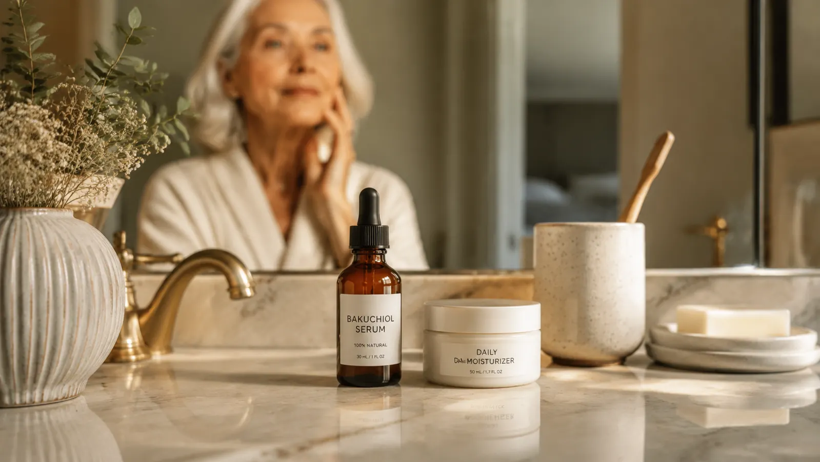 Small amber dropper bottle of bakuchiol concentrate serum sitting on a bathroom counter beside a jar of moisturizer, soft morning light