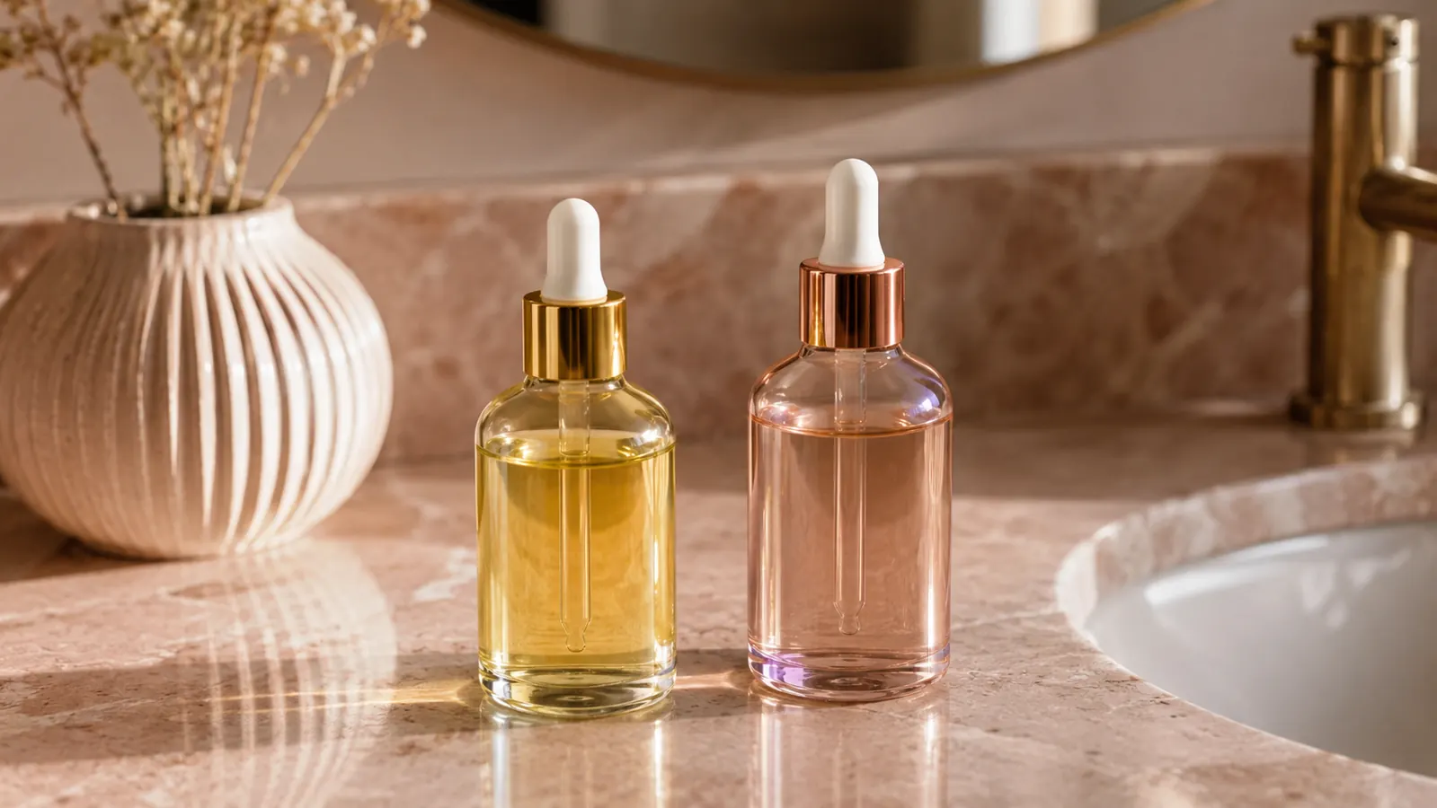 Two amber dropper serum bottles side by side on a marble bathroom counter, one labeled with a plant leaf icon suggesting bakuchiol, soft warm morning light