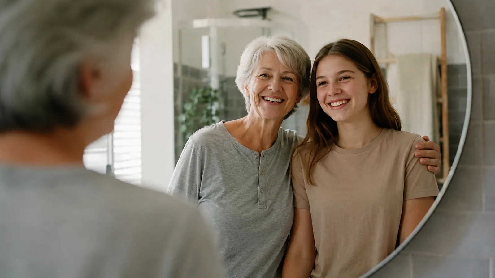 Woman and her teenage granddaughter smiling together in a bathroom mirror