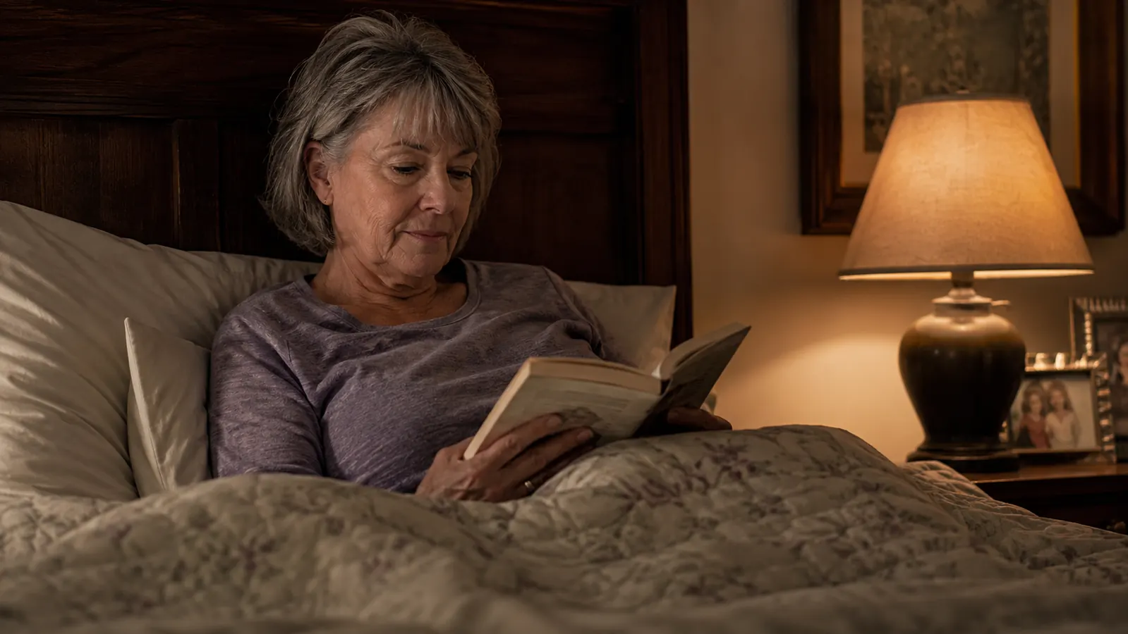 Older woman relaxing on her bed at night with a book, soft lamp light, calm bedtime scene