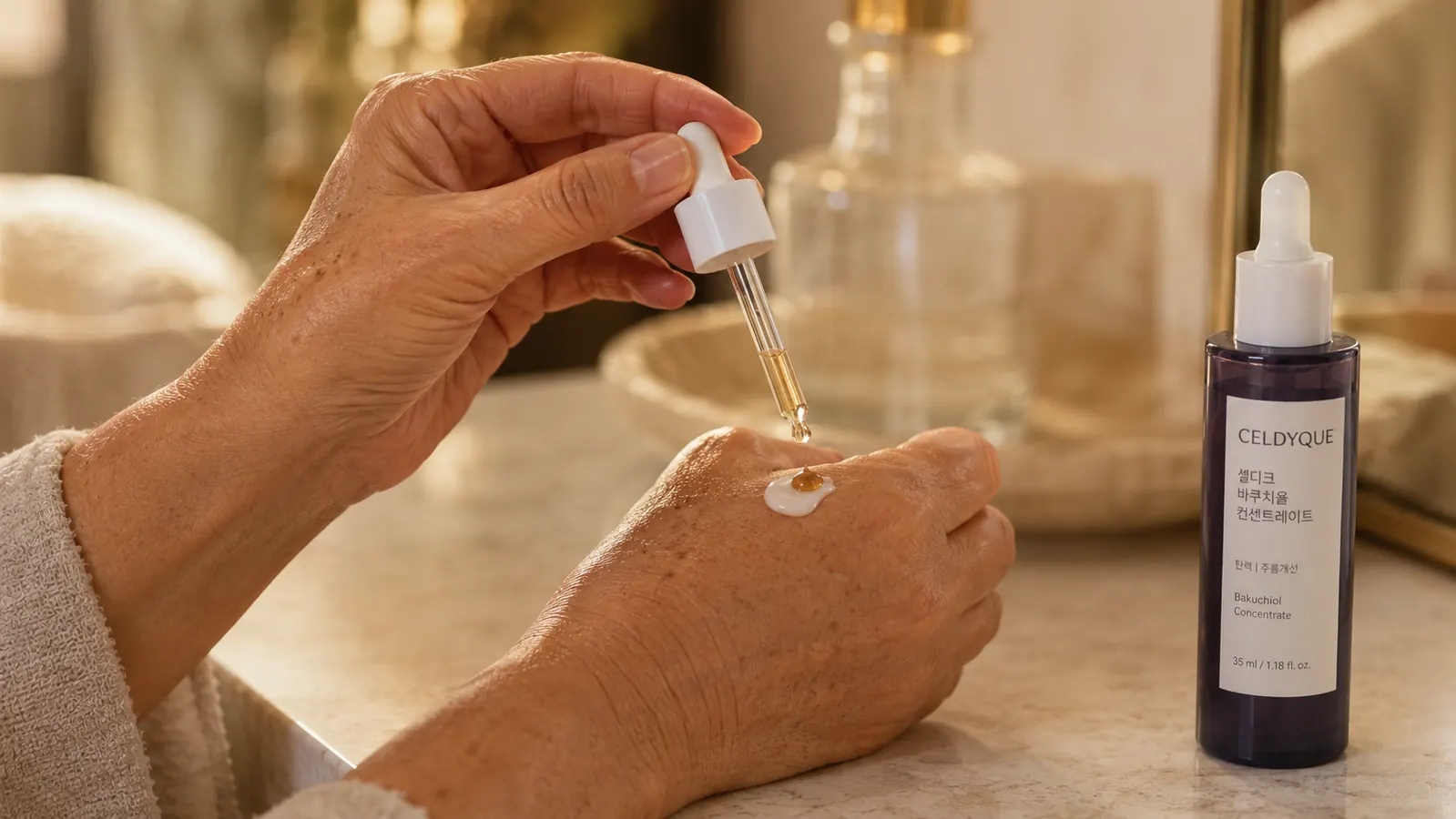 A hand mixing a dropper of bakuchiol serum into a dollop of moisturizer on the back of the other hand