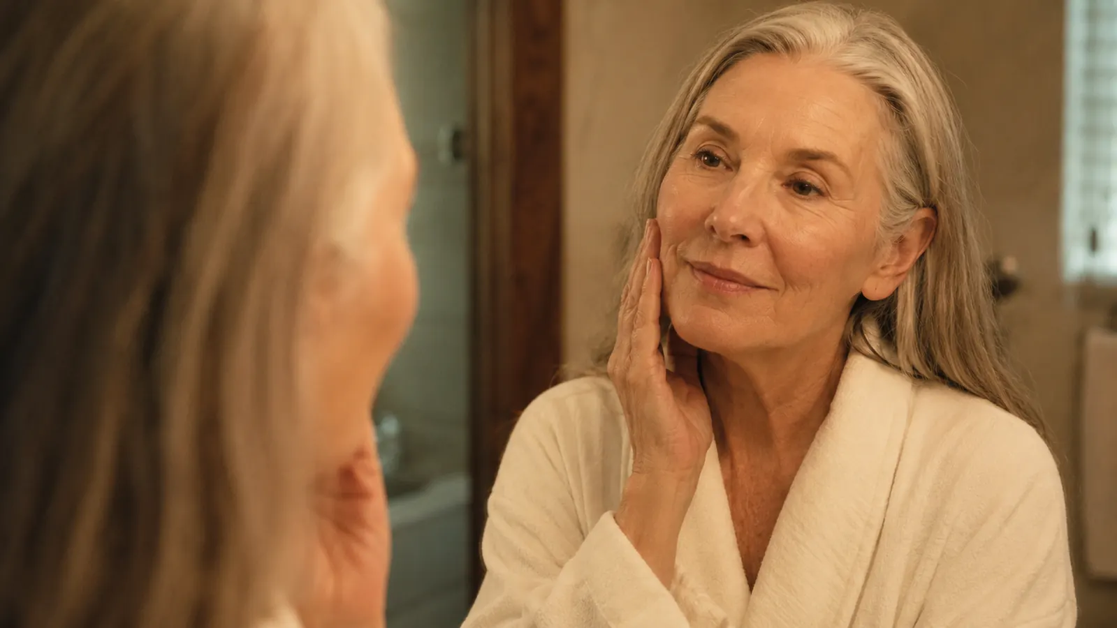 Woman in her sixties looking at her reflection in a bathroom mirror, touching her cheek gently, soft morning light