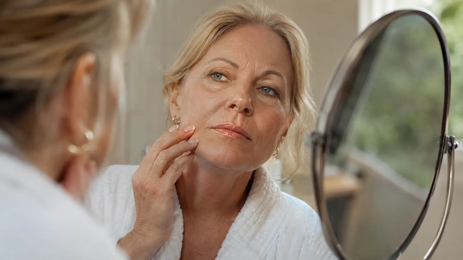 Woman in her sixties examining her reflection in a bathroom mirror, morning light, amber serum bottle on the counter