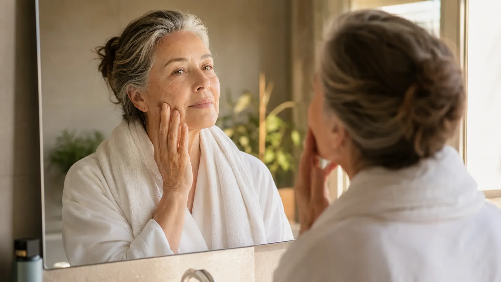 Older woman in a robe standing at a bathroom mirror in soft morning light, examining her smooth cheek