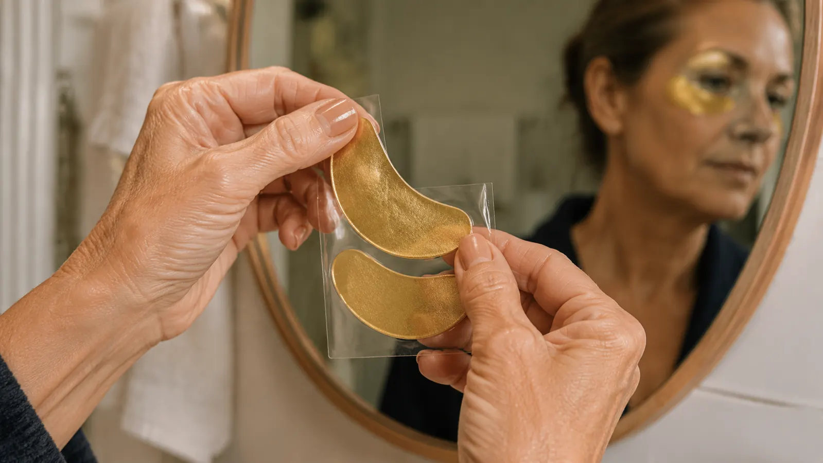 A hand peeling a gold gel eye patch off its plastic backing sheet over a bathroom counter