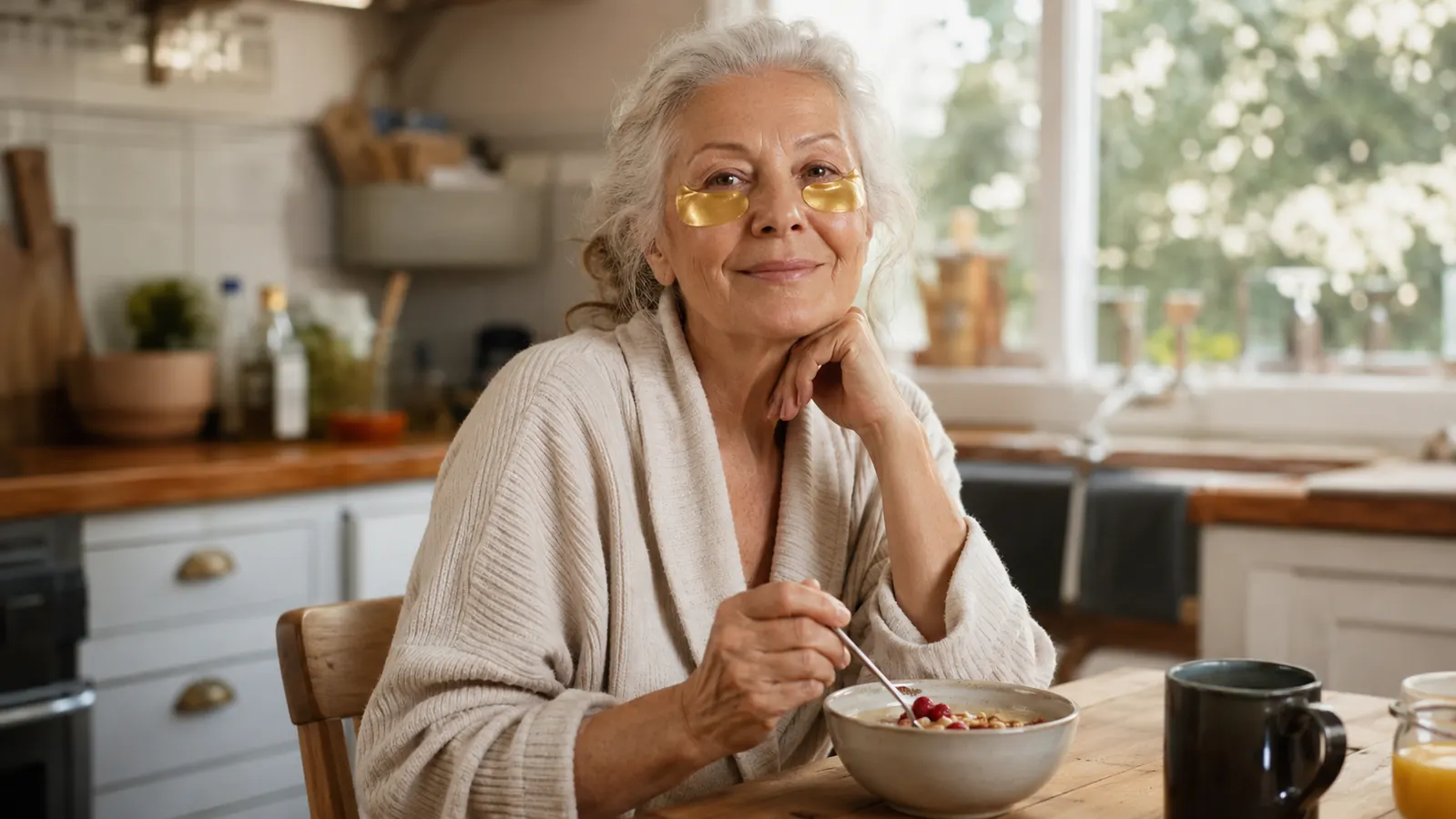 Woman in her sixties sitting at a kitchen table in morning light with two gold gel patches under her eyes, coffee mug in front of her