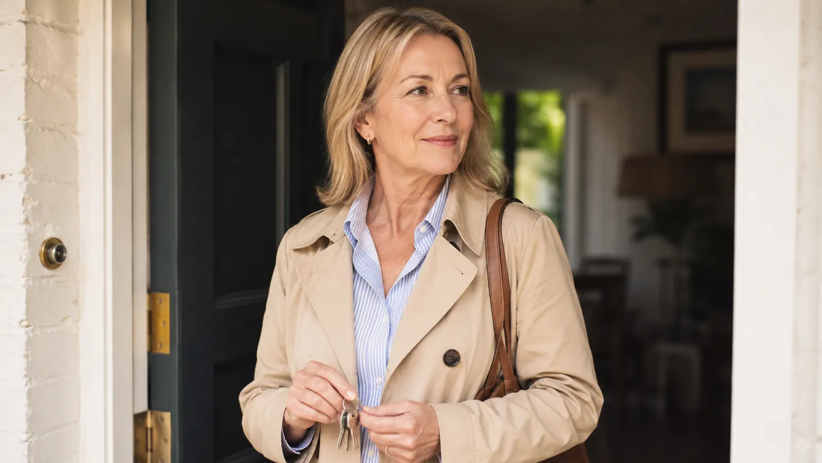 Woman smiling and ready to leave the house after using under-eye patches