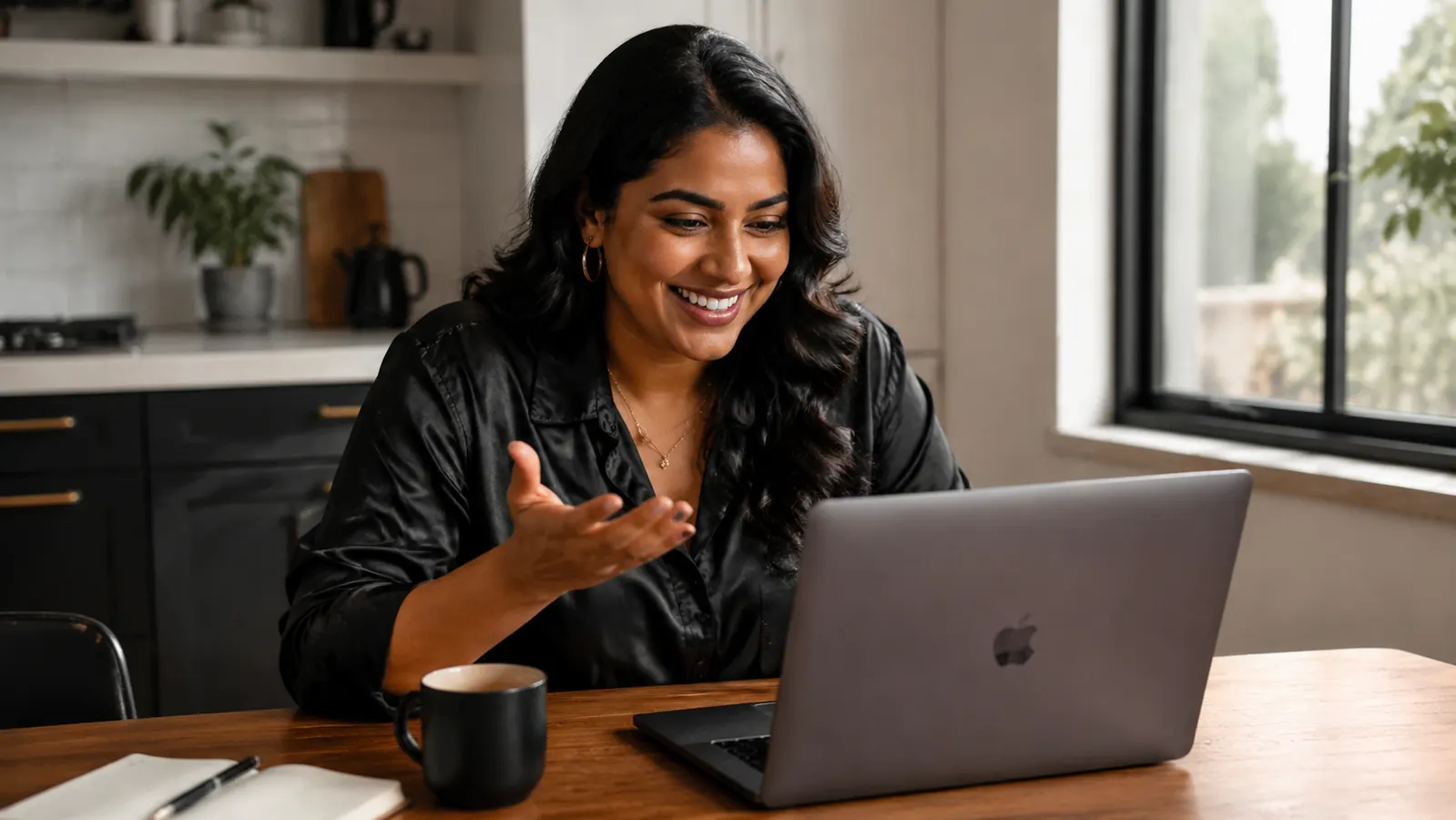 Woman smiling naturally during a video call at her kitchen table, refreshed and camera-ready