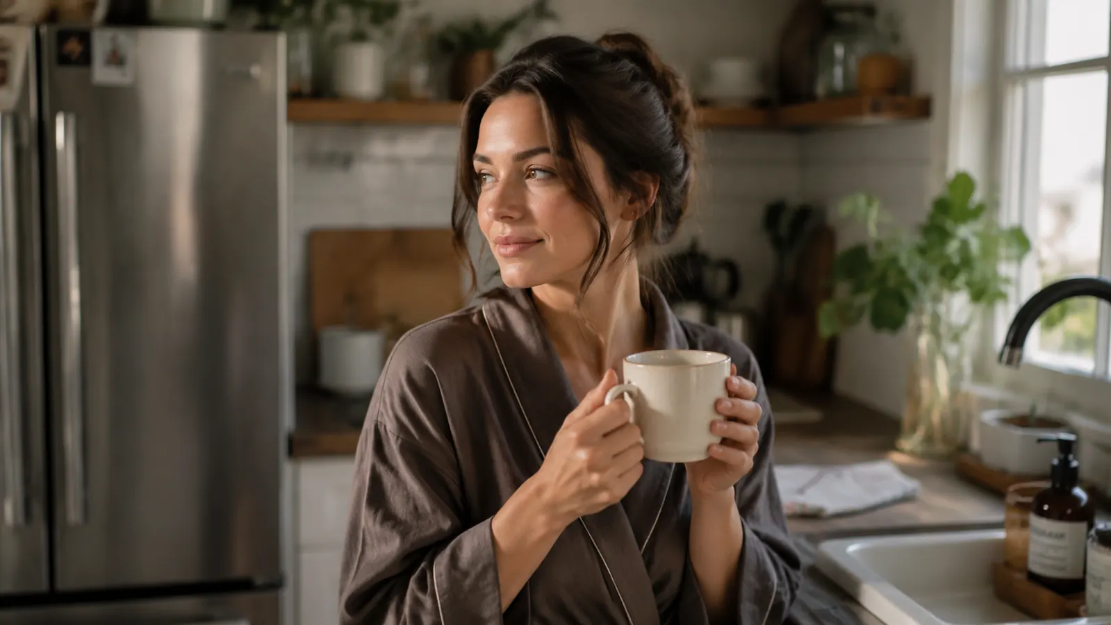 Woman in her sixties sitting at a sunlit kitchen table with a cup of coffee, getting ready for the day