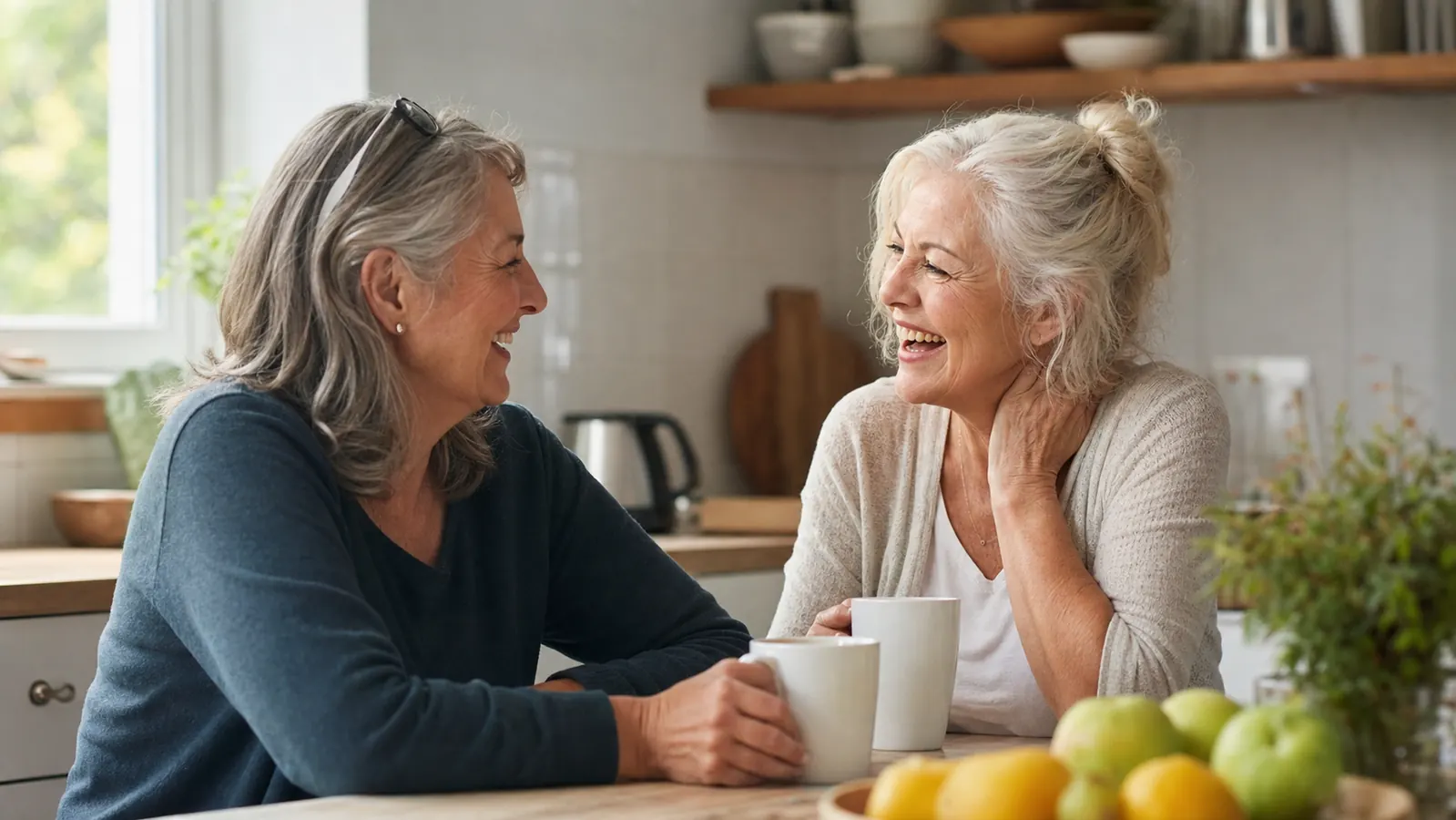 Woman in her sixties laughing with a friend at a kitchen table, coffee cups between them, morning light through the window