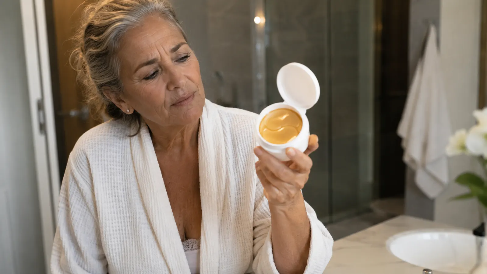 Woman in her sixties holding an open eye patch container up to the light, examining the gel patches with a skeptical expression