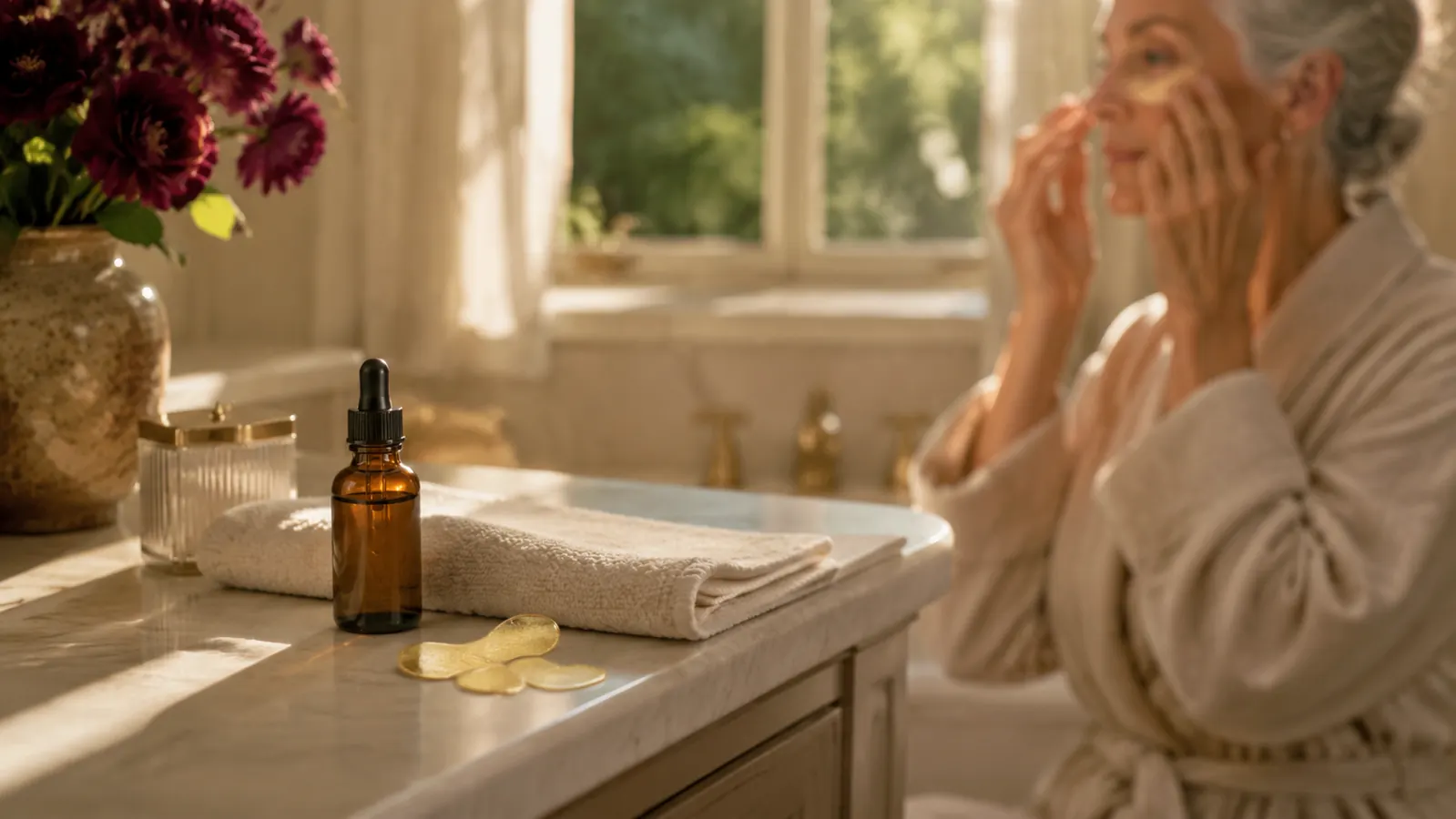 A bright bathroom counter with everyday skincare products arranged in warm morning light