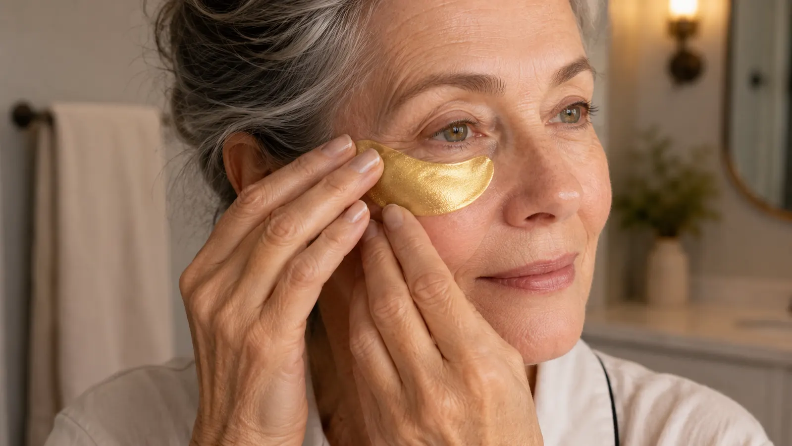 Close-up of a hand smoothing a gold hydrogel eye patch from the inner corner outward under the eye