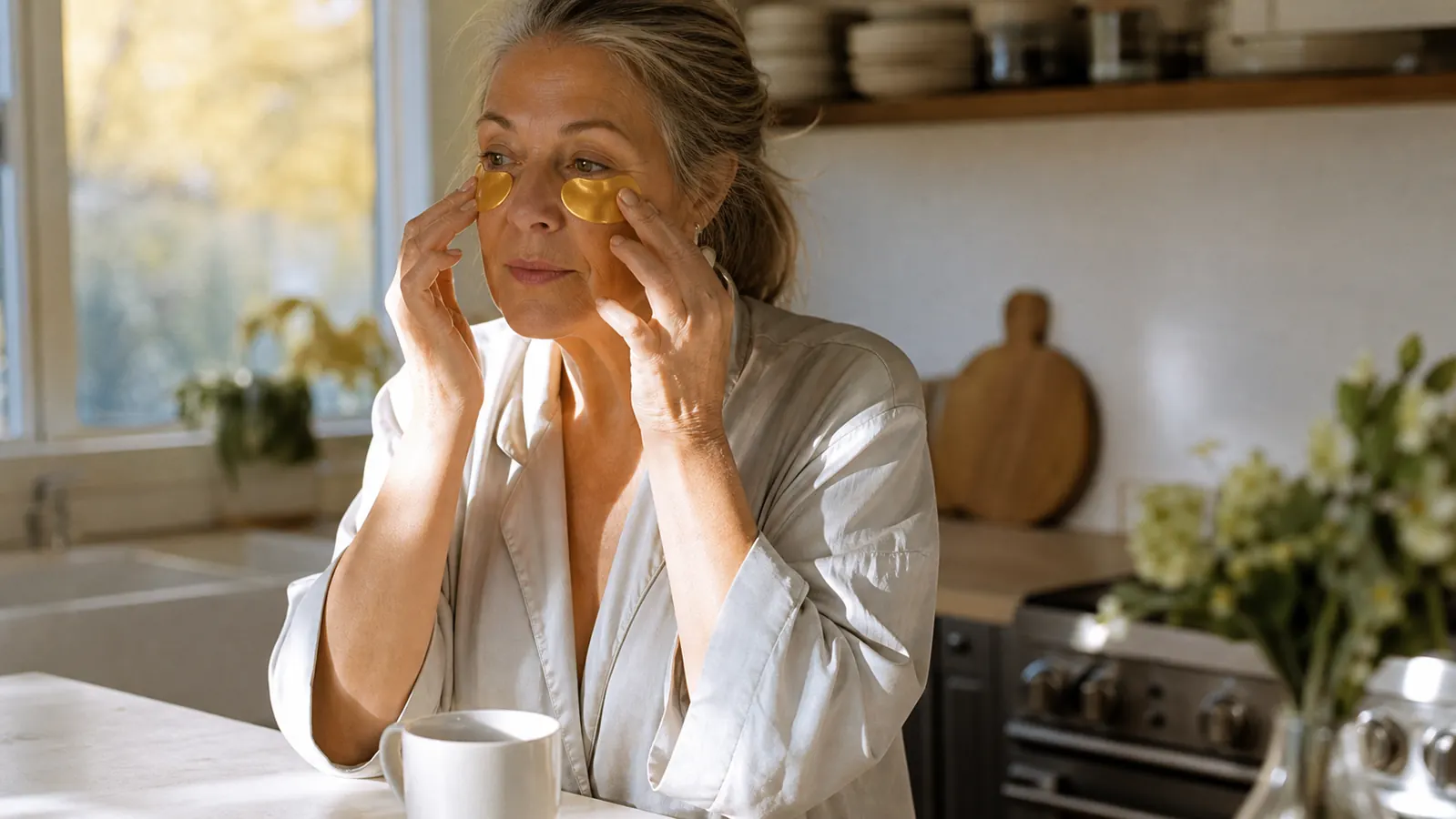 Woman at her kitchen counter in soft morning light pressing gold hydrogel patches under her eyes