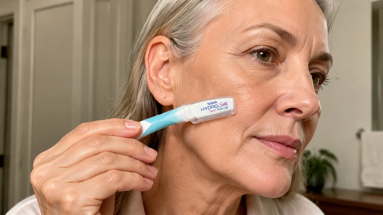 Close-up of a hand holding the Schick Hydro Silk dermaplaning tool at a low angle against a cheek near a bright mirror