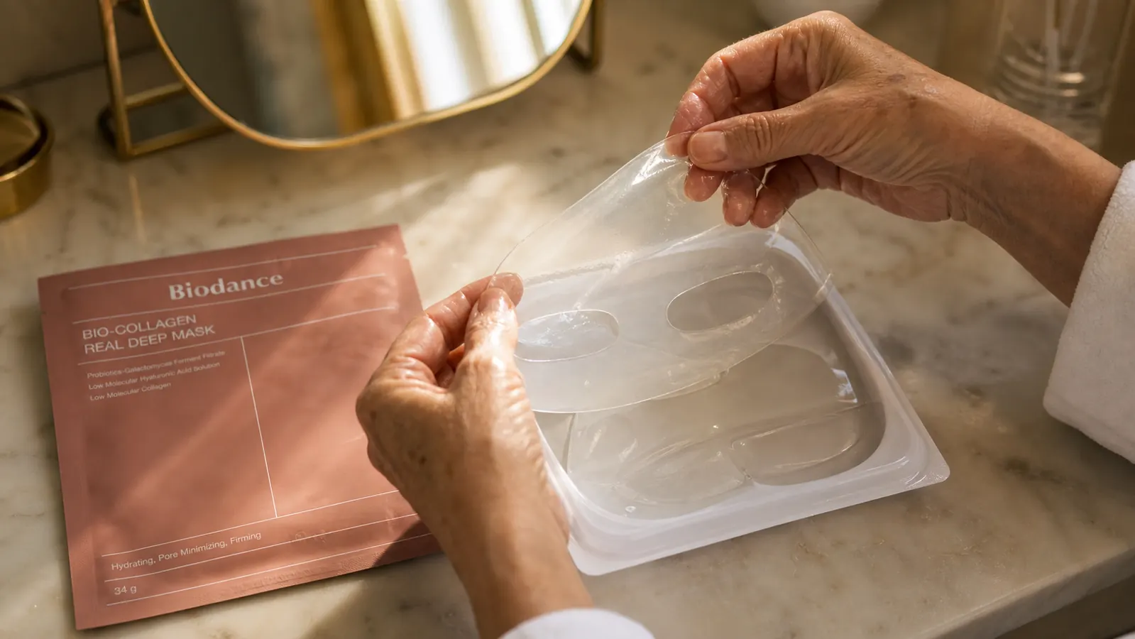 Hand lifting a clear hydrogel face mask out of its packaging over a bathroom counter
