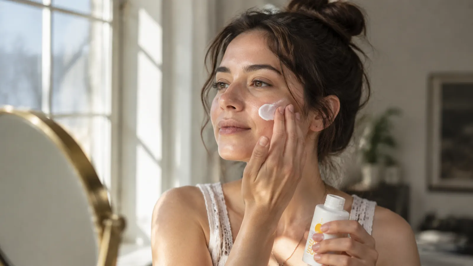 Woman applying sunscreen to her face by a bright window in the morning