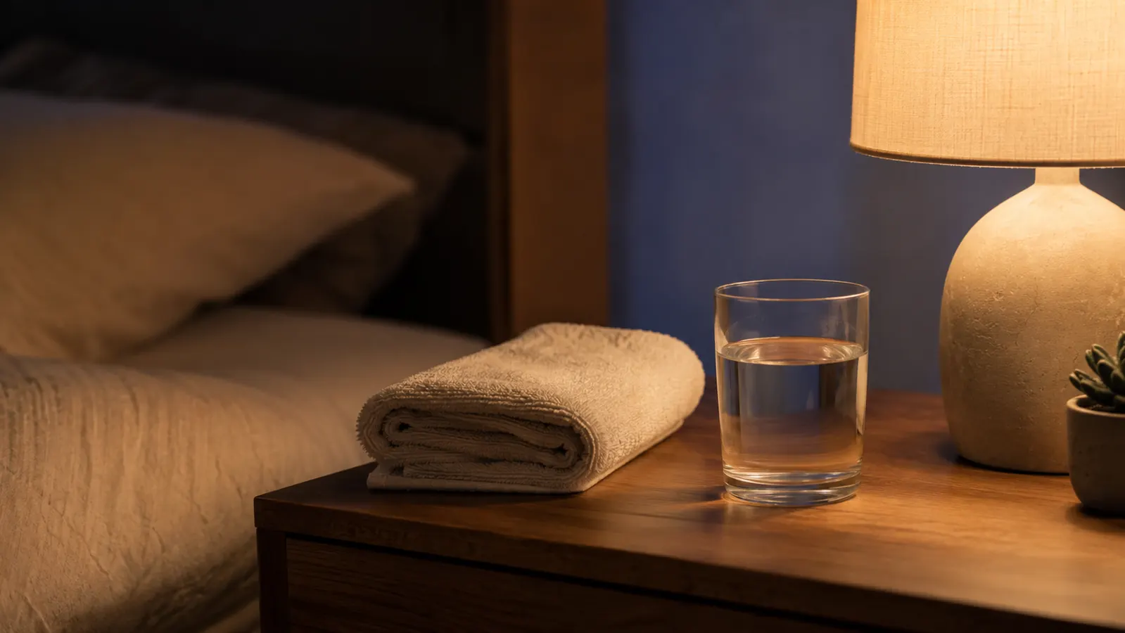 A nightstand at bedtime with a small lamp glowing, a folded towel, and a glass of water, calm bedtime routine setting