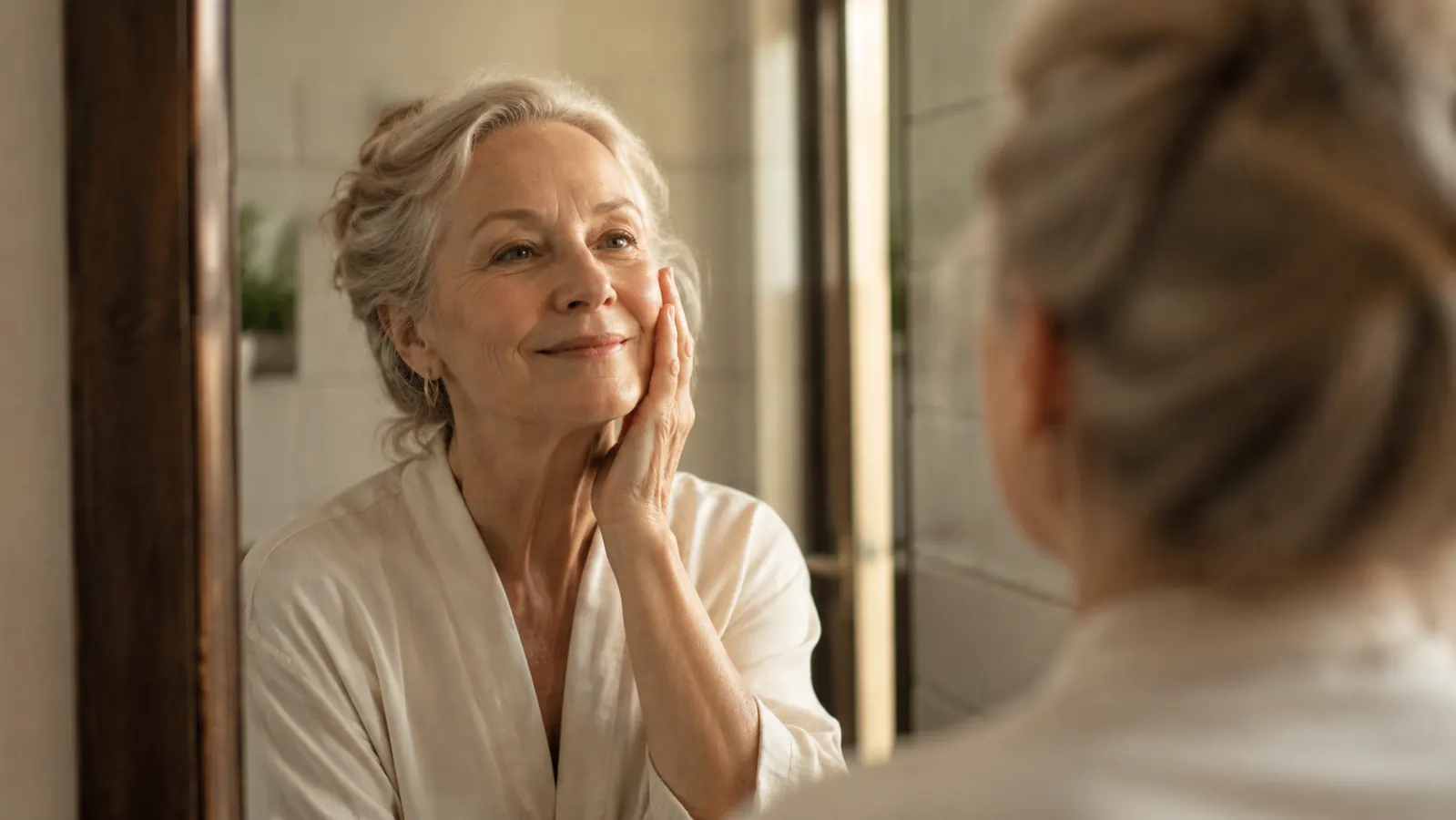 Woman in her early sixties looking at her reflection in a bathroom mirror in soft morning light, skin looking plump and dewy, no makeup