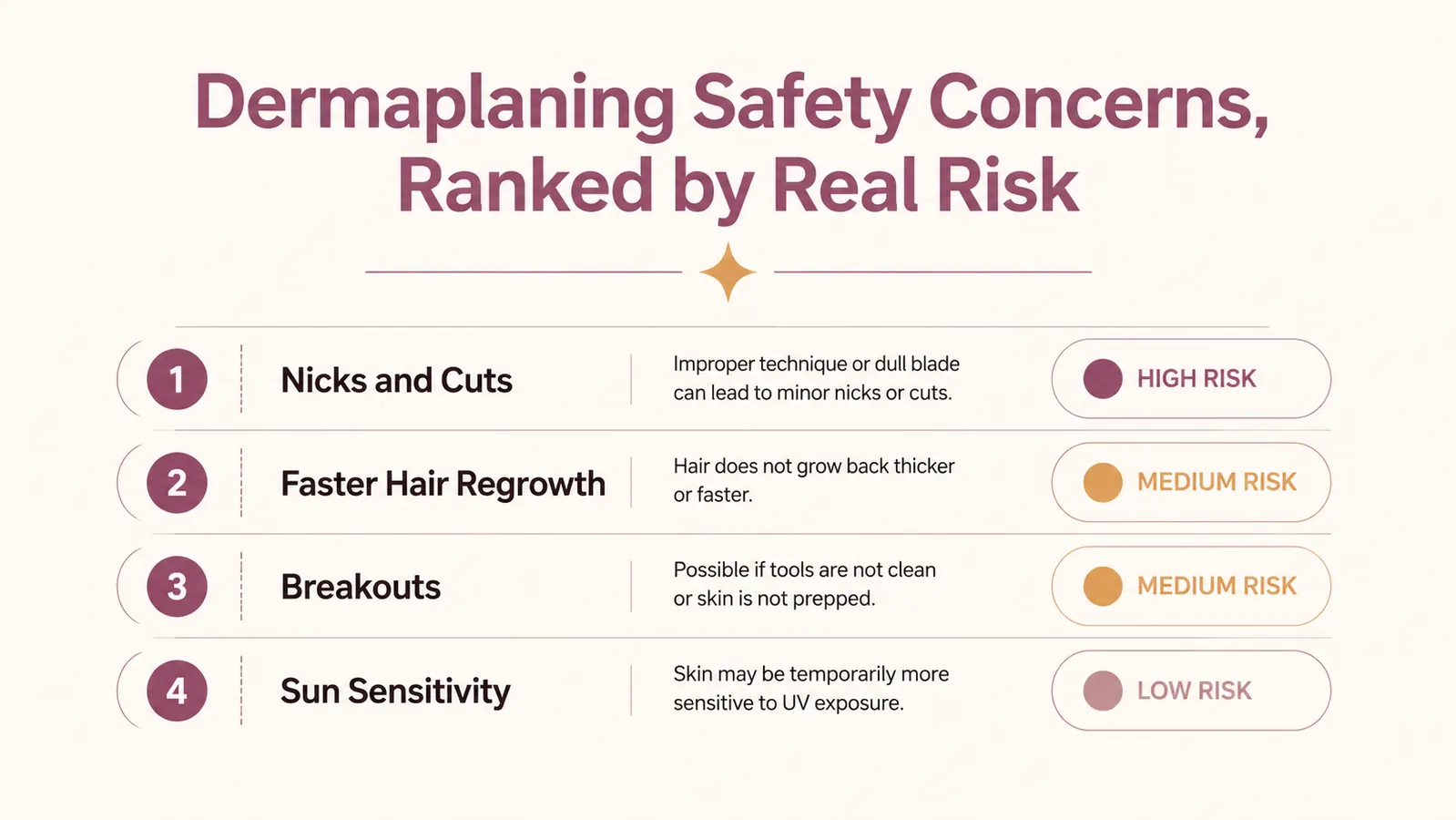 Simple infographic-style chart listing common dermaplaning safety concerns next to a real-world likelihood rating