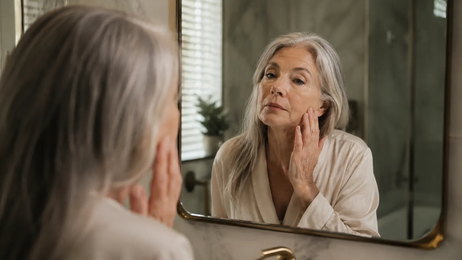 Close-up of an older woman's calm, attentive face as she looks into a bathroom mirror, hand resting near her cheek