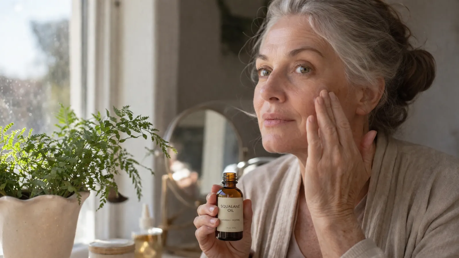 Small amber glass bottle of squalane facial oil sitting on a bathroom windowsill in soft morning light, next to a folded white towel