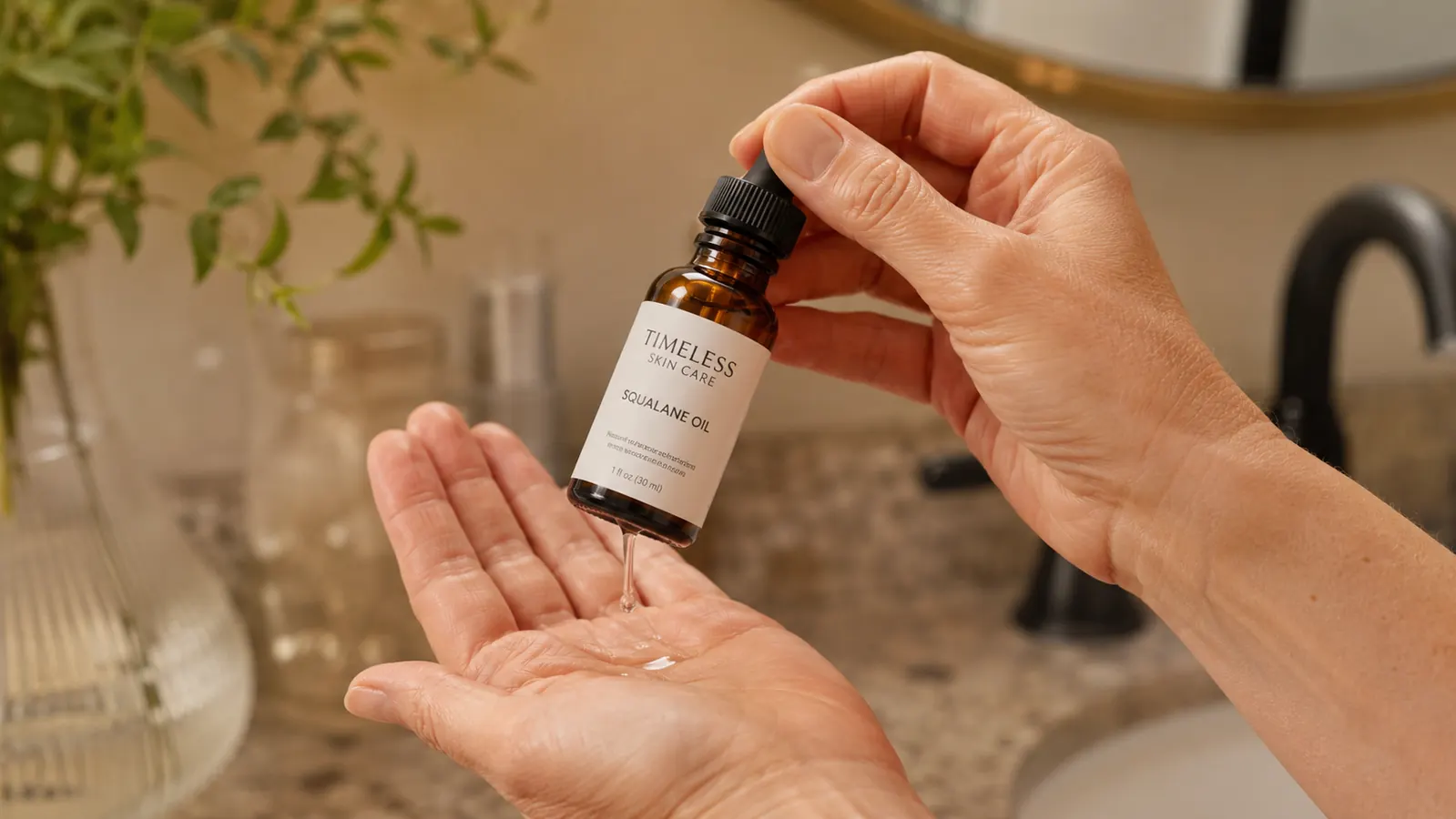Hand holding a dropper of Timeless Skin Care Squalane Oil with drops pooled on the palm