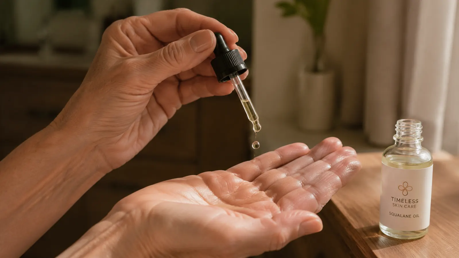 A hand holding a dropper with exactly two small drops of oil suspended over an open palm, demonstrating correct portion size