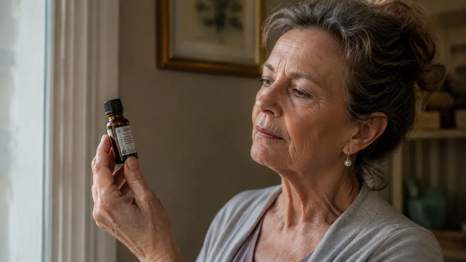 Woman in her sixties examining a small oil bottle in natural window light, thoughtful expression, no makeup