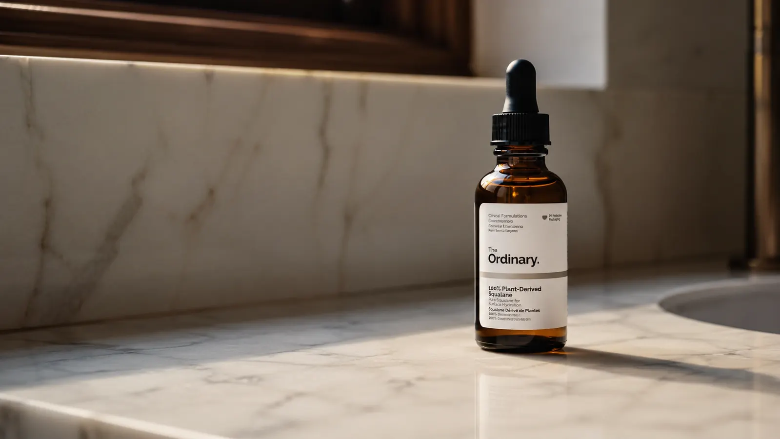 Small amber glass dropper bottle of squalane oil sitting on a wooden bathroom shelf next to a hand towel, warm afternoon light
