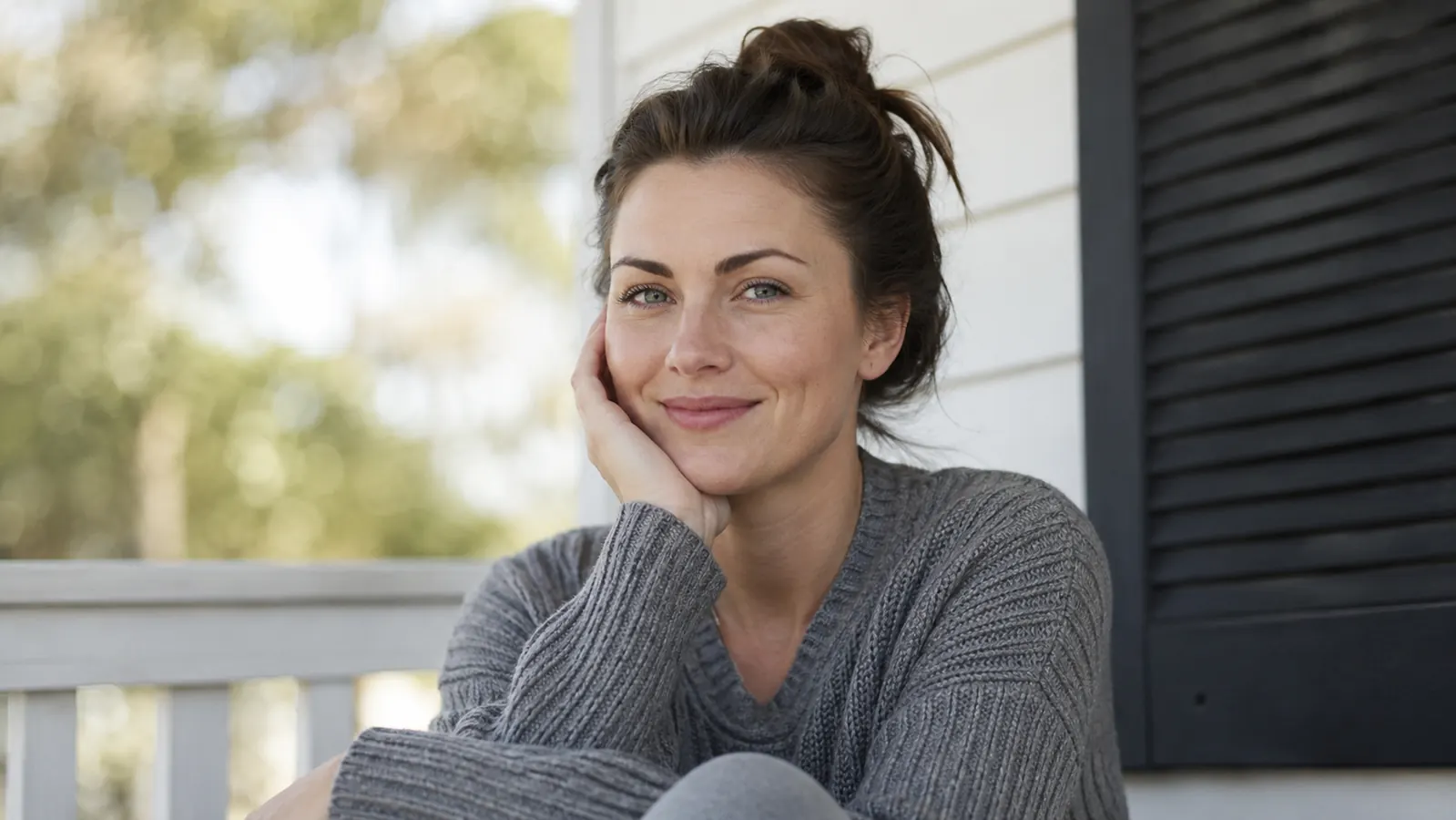 Woman smiling outdoors in natural daylight, skin looking soft and hydrated