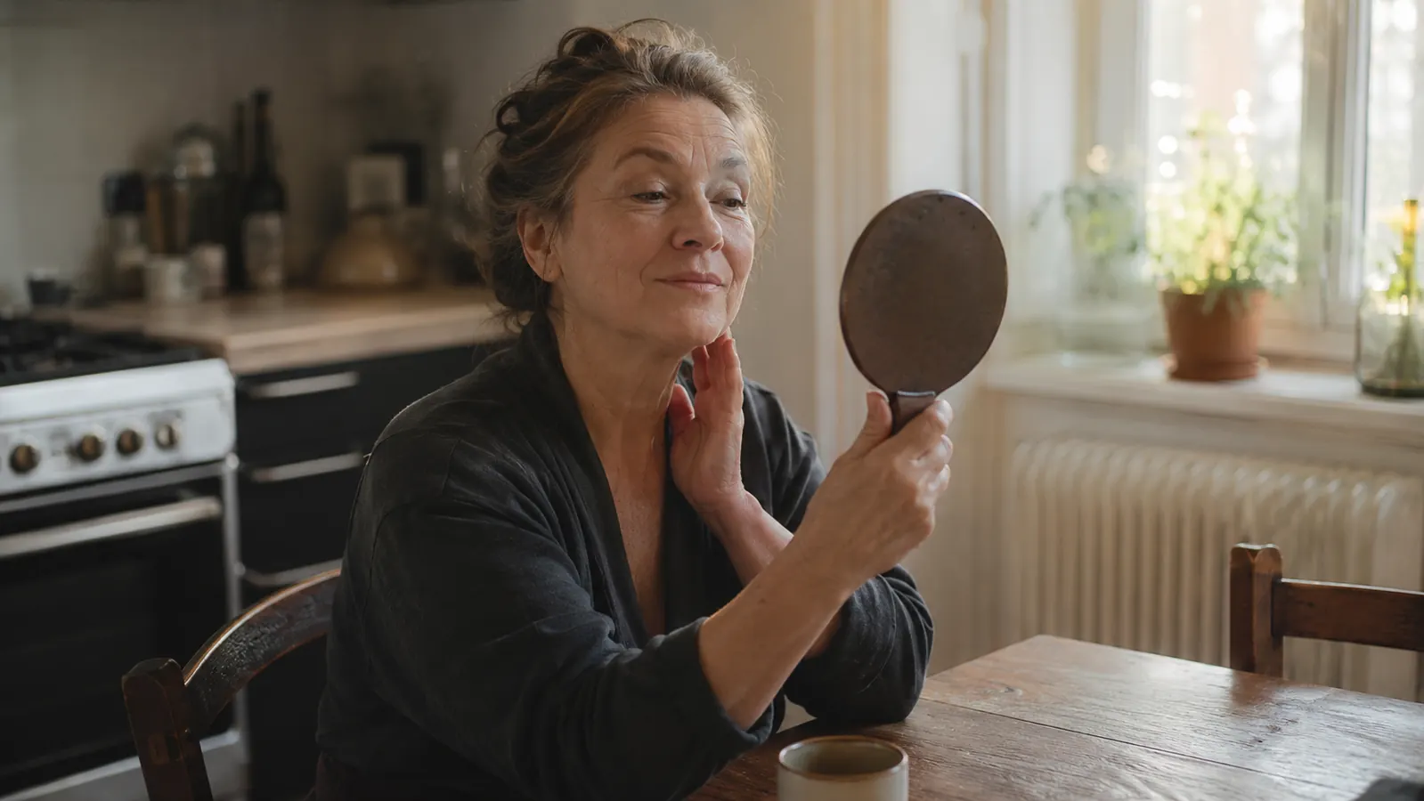 Older woman in a cozy kitchen looking at her reflection in a small mirror, soft morning light